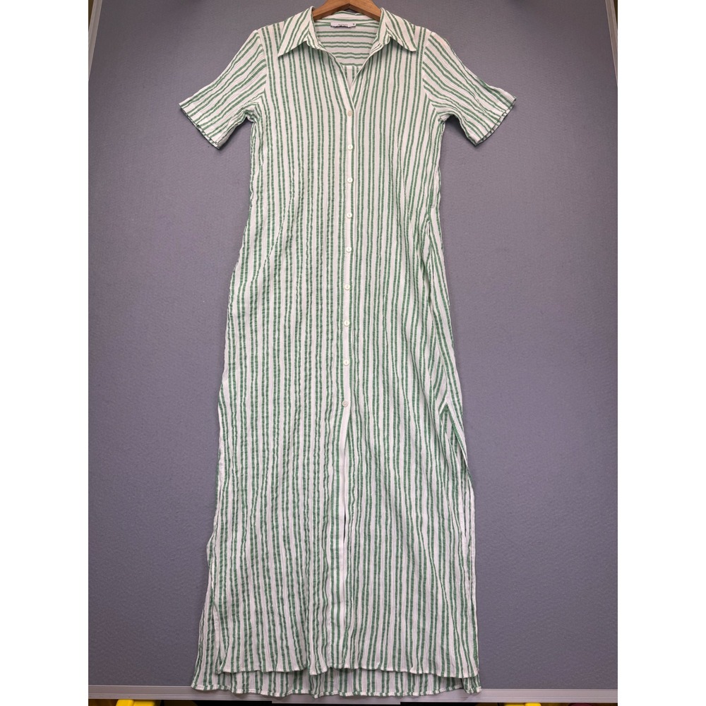 Reserved Womens Green White Striped Button Down Maxi Shirt Dress‎ Size L no belt